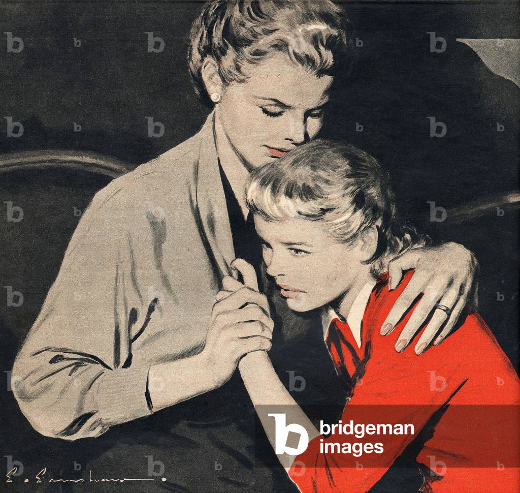 Mother comforting daughter, Magazine Plate, UK, 1950s