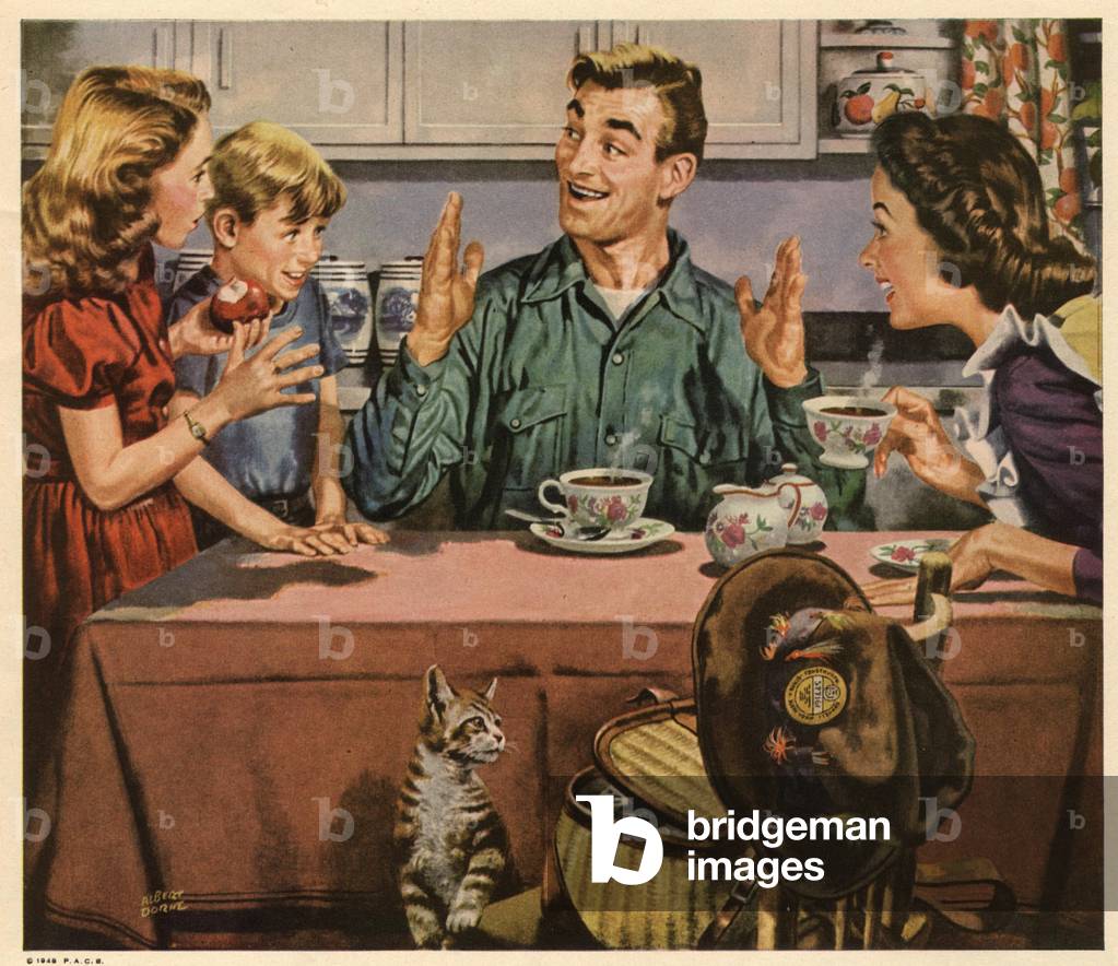 fishing coffee eating, 1940s (print)