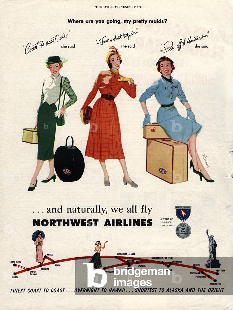 Northwest Airlines Luggage Holidays Magazine, advert, USA, 1950s