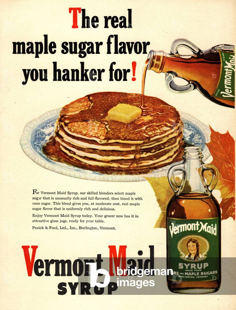 Vermont Maid Pancakes Syrup Magazine, advert, USA, 1940s