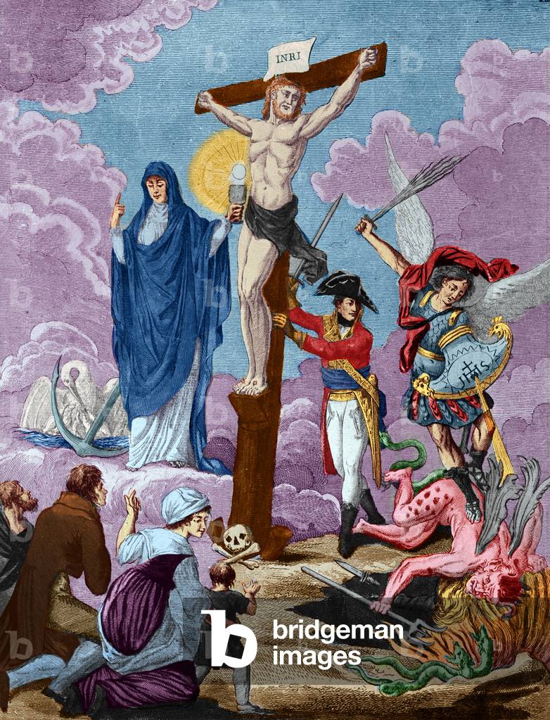 Bonaparte, restorer of religion and supporting the Cross, Allegory on the Concordat, 1802 (coloured engraving)
