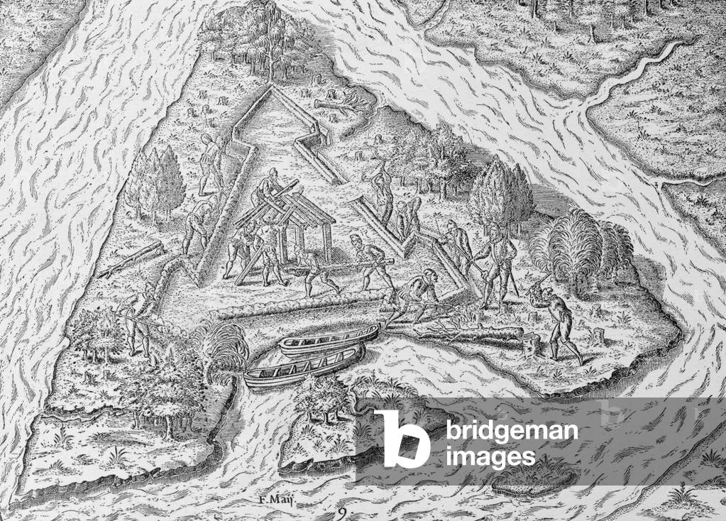 'The Building of Fort Caroline', from 'The Narrative and Critical History of America', edited by Justin Winsor, London, 1886 (woodcut)