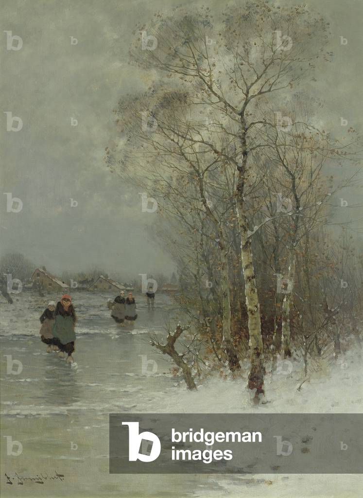 Girls Walking on a Frozen River (oil on canvas)