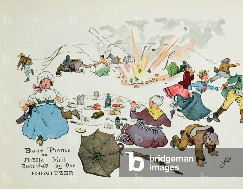 Boer picnic on Middle Hill disturbed by our howitzer, from 'The Leaguer of Ladysmith', 1900 (colour litho)