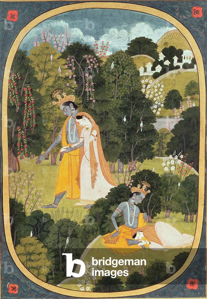 Radha and Krishna walking in a grove, Kangra, Himachal Pradesh, 1820-25 (gouache on paper)