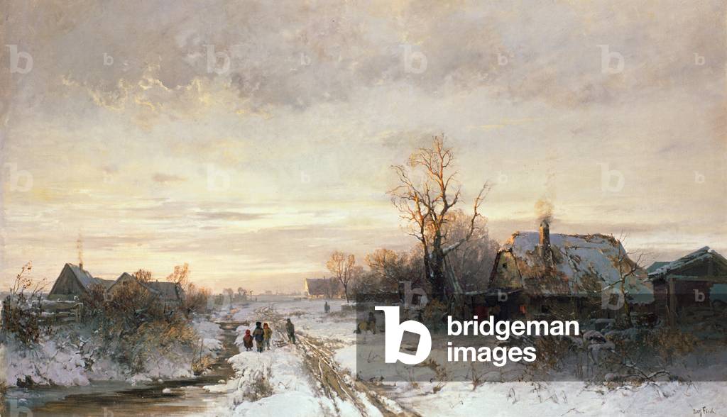 Bambini che giocano in un paesaggio invernale (olio su tela)