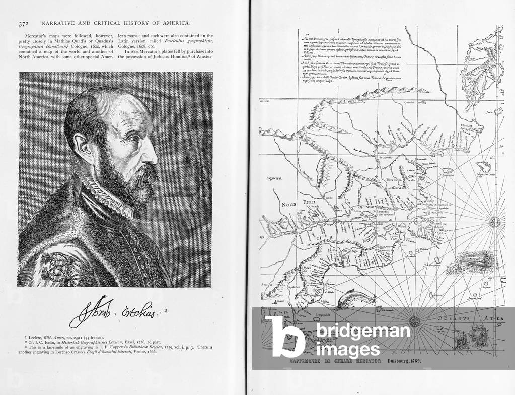 Abraham Ortel Ortelius (1527-98) and his world map of 1569, illustration from 'Narrative and Critical History of America', pub. in 1886 (engraving) (b/w photo)