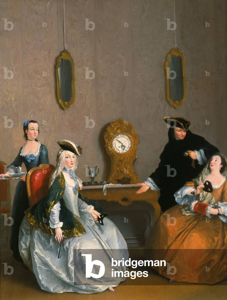 Image de Peinture représentant Groupe Se préparer à aller à une boule masquée, 18th Siècle par Giuseppe Gobbis