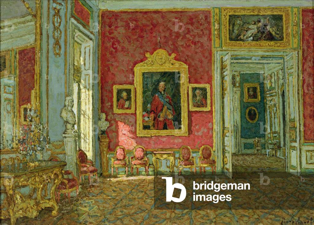 Immagine di Dipinto "Il salotto viola nel palazzo di Kuskovo", 20th Secolo di Petr Ivanovic Petrovichev