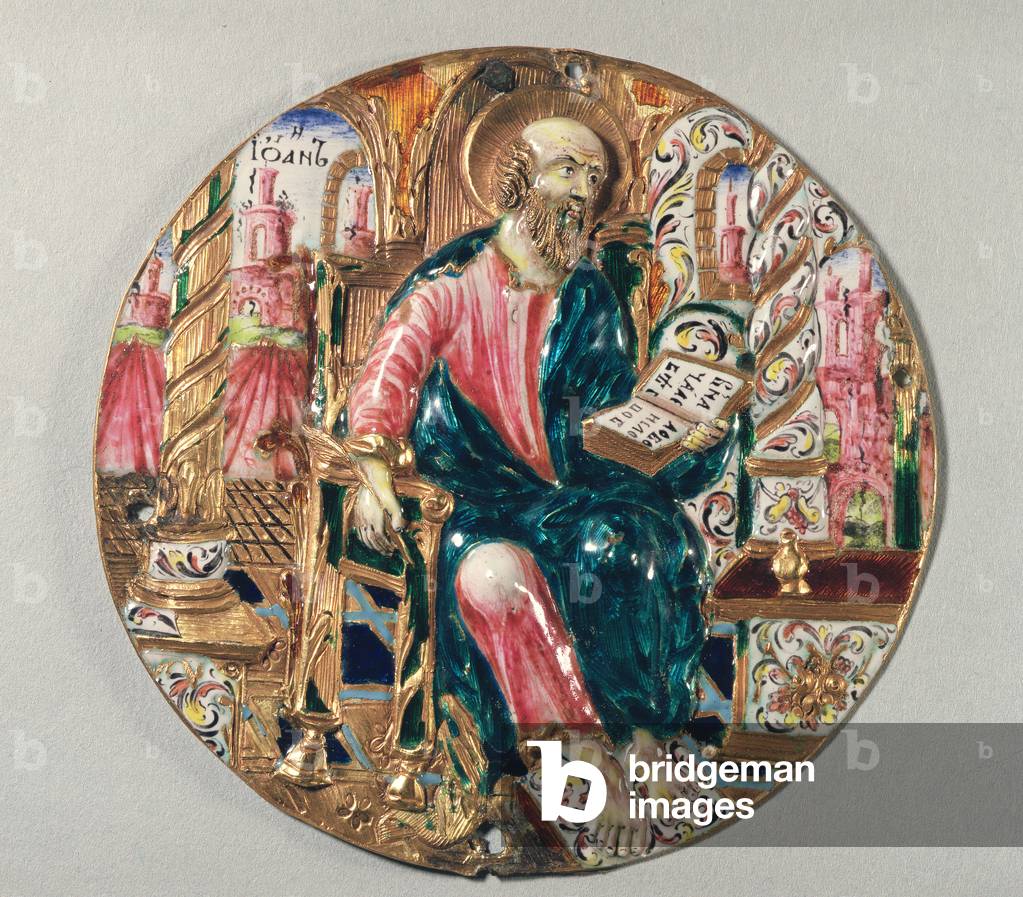 Gilt and enamel plaque showing St. John the Evangelist, workshop of the Moscow Kremlin, 17th century (gold and enamel)