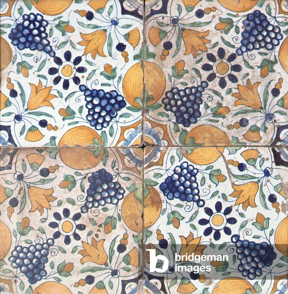 Wall tiles patterned with pomegranates and grapes, Dutch early 17th century (ceramic)