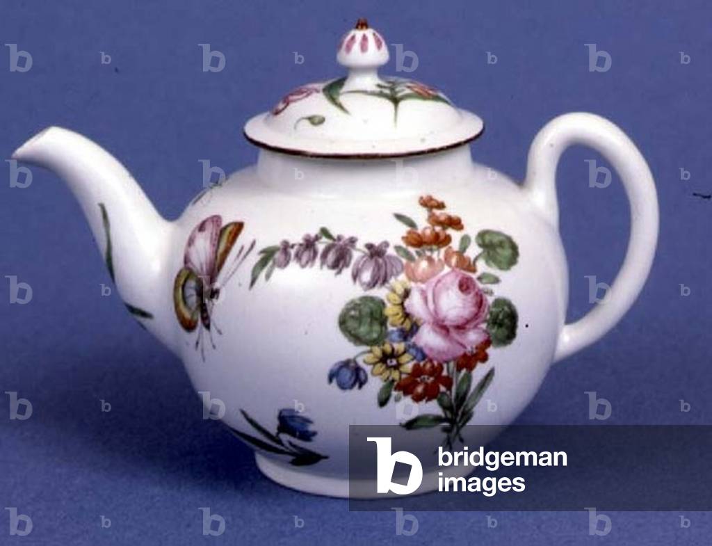 Worcester teapot of globular shape painted in polychrome enamels with flowers and insects (ceramic)