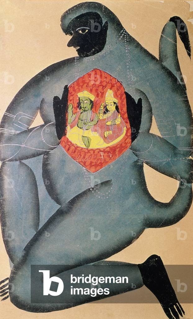 Hanuman revealing Rama and Sita enshrined in his heart, painted by a member of the Patua caste, 1880 (w/c on paper)