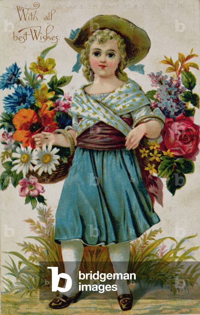 Young Girl with Baskets of Flowers. Christmas Postcard