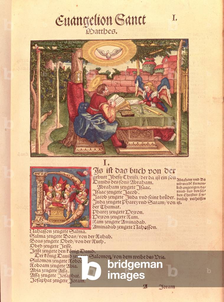 Gospel of St.Matthew, Book I, from the Luther Bible, c.1530 (coloured woodcut)