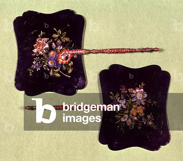 Two papier-mache fans, inlaid with mother-of-pearl and hand painted with flowers, c.1780