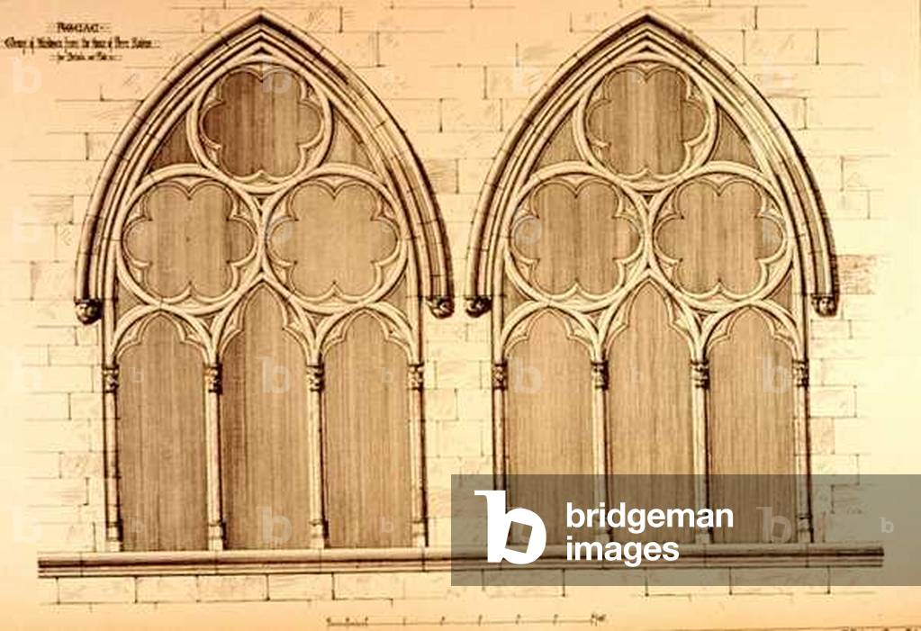 Group of Windows from the House of Pierre Raleine, Figeac, France, from 'Examples of the Municipal, Commercial, and Street Architecture of France and Italy from the 12th to the 15th Century', publ. by W.Mackenzie, 1841 (engraving)