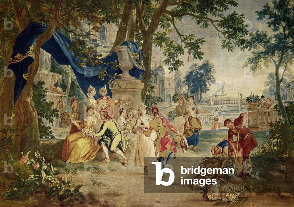 The village Fete after D.Teniers, woven by LeClerc and J.van der Borg, late 17th century, landscape setting probably designed by Lucas Achtschelling