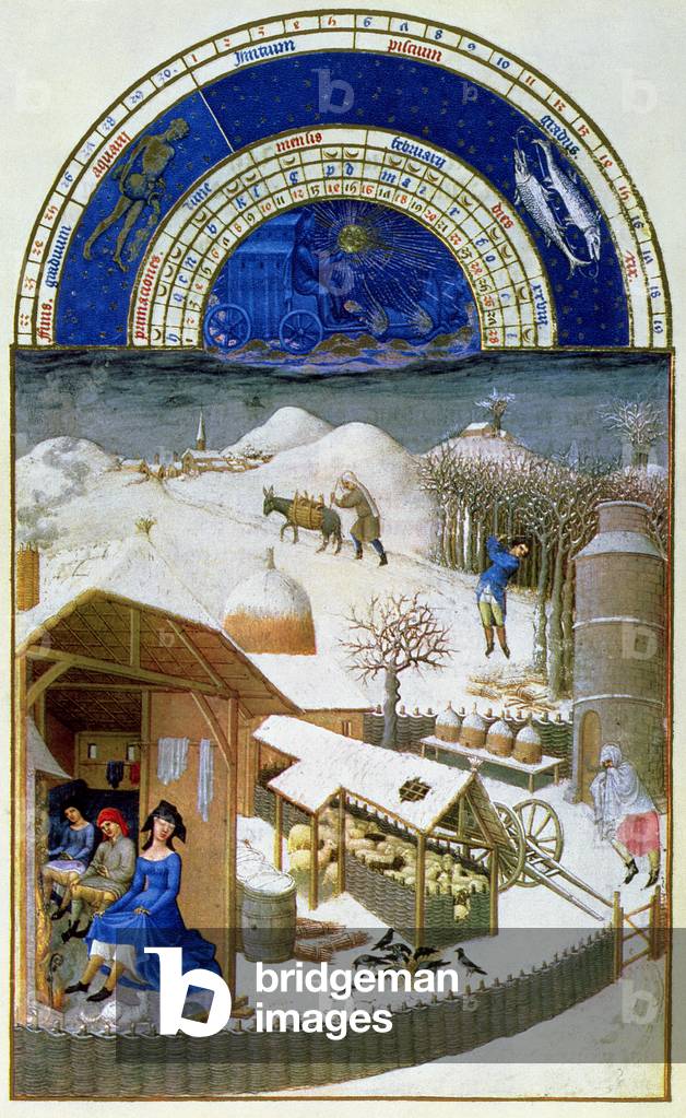 Facsimile of February: farmyard scene with peasants, copied from 'from the 'Tres Riches Heures du Duc de Berry