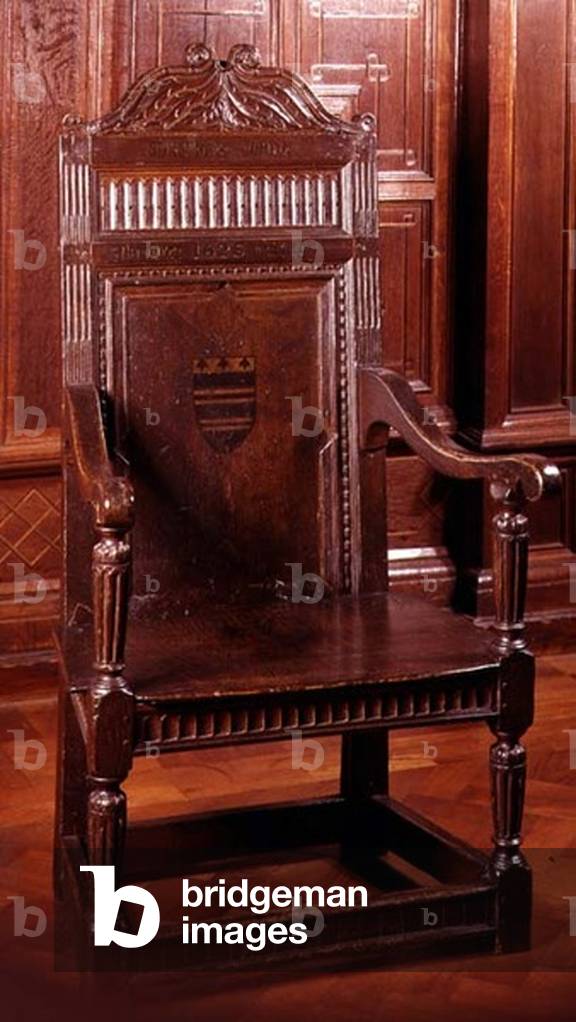 Armchair painted with armorial device surrounded by dentil ornament, Yorkshire, early 17th century (oak)