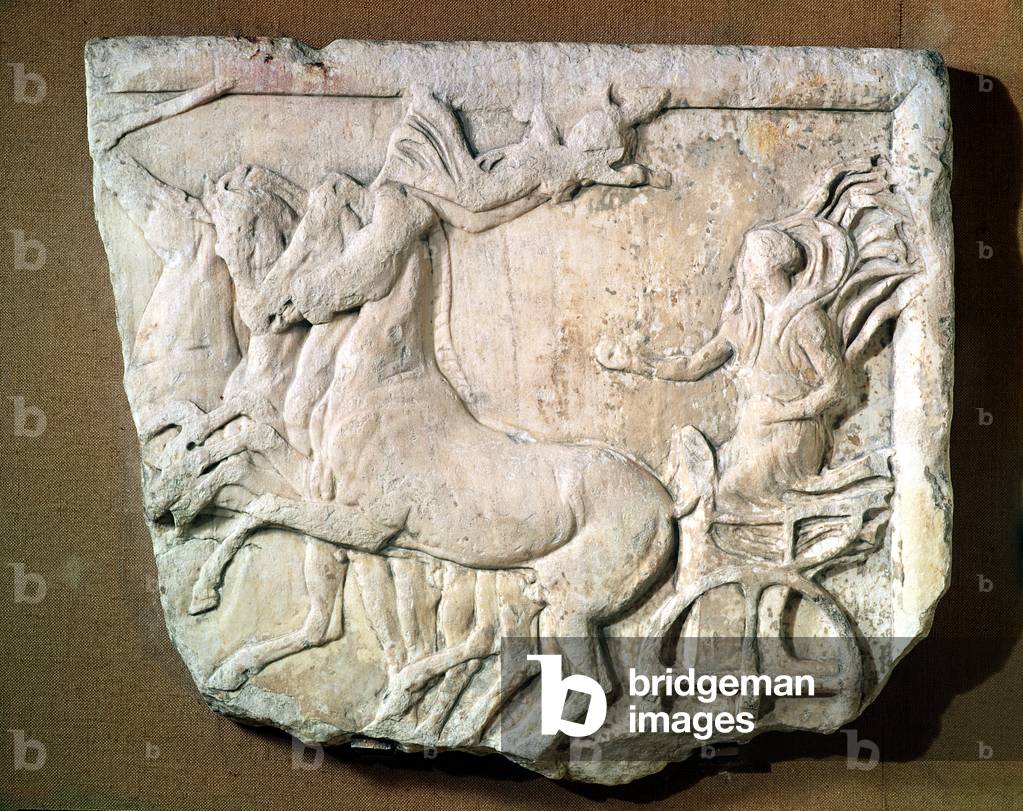 Votive relief commemorating a victory in the four horse chariot race at the Panathenaic Games (marble)