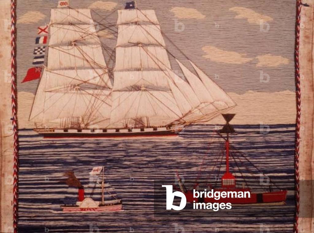 Traditional sailor's wool picture of a ship in full sail, with a tug and a light Ship