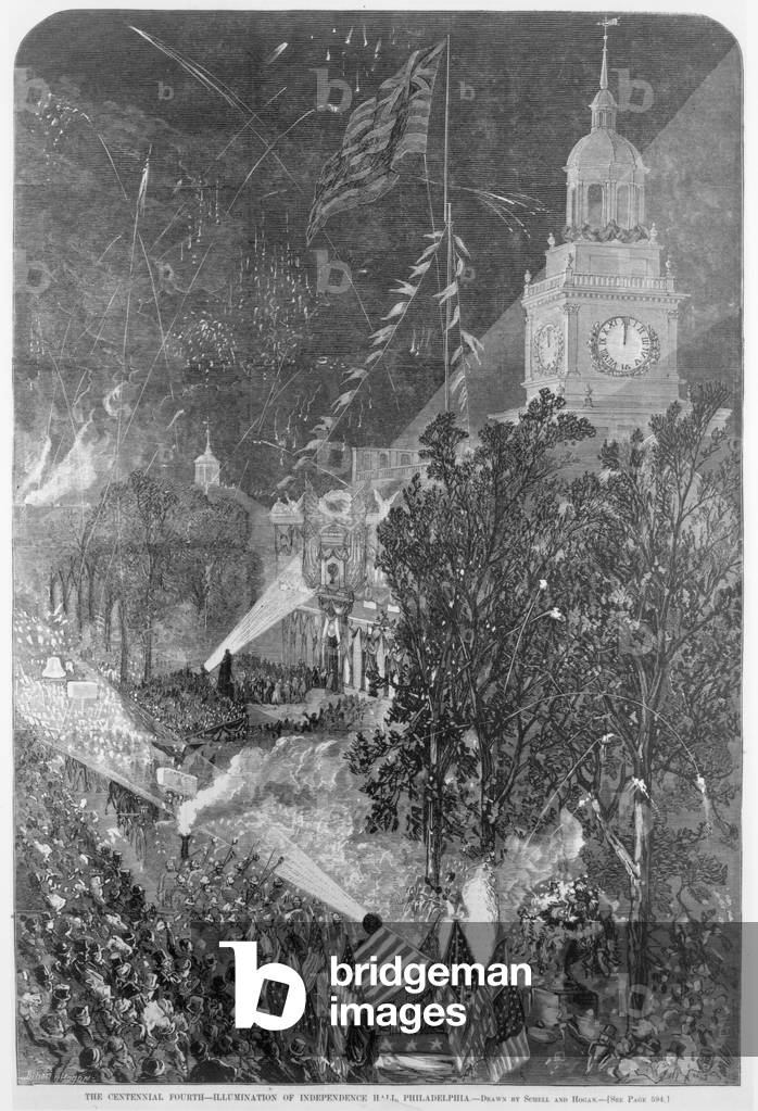 The Centennial Fourth: Illumination of Independence Hall, Philadelphia, from 'Harper's Weekly', July 22nd 1876 (engraving) (b&w photo)