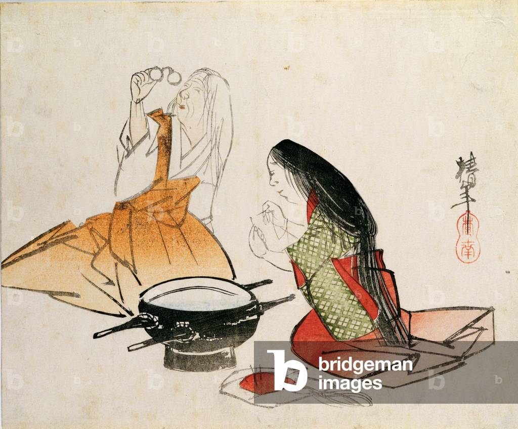 A young woman threading a needle, c.1830 (colour woodblock print)