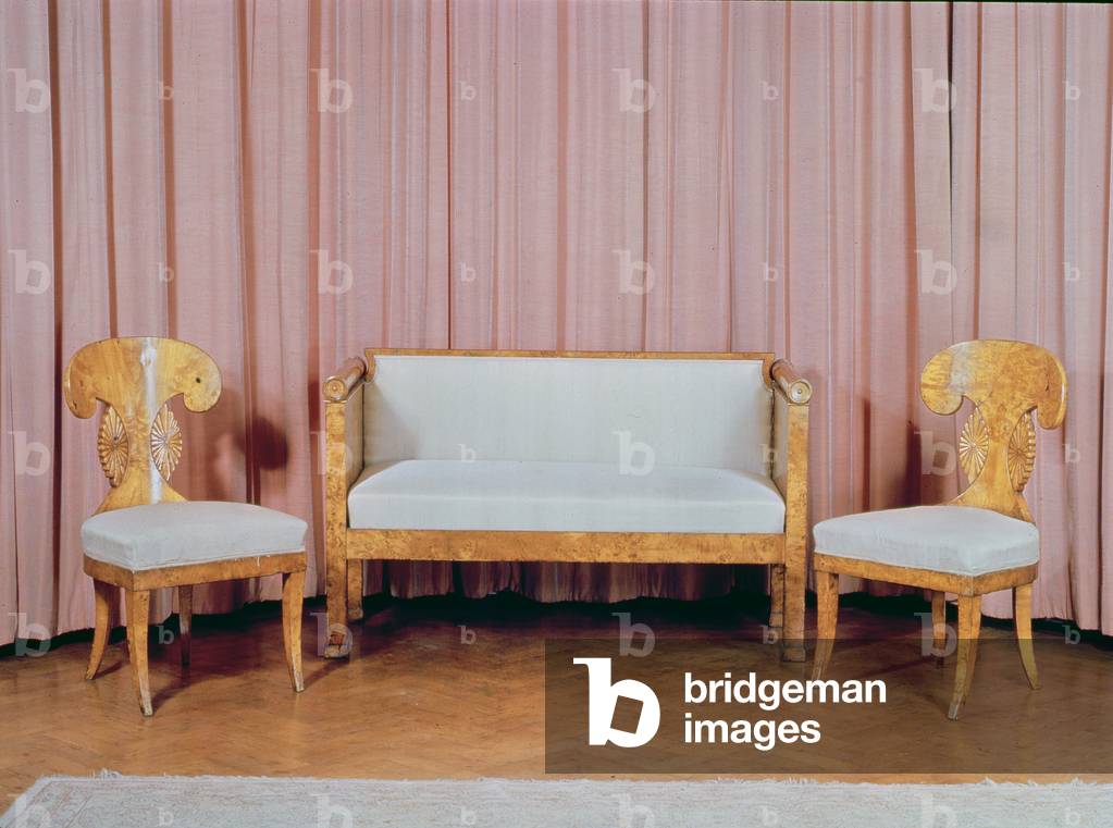 Sofa and two chairs, Karelian birch, 1810-20