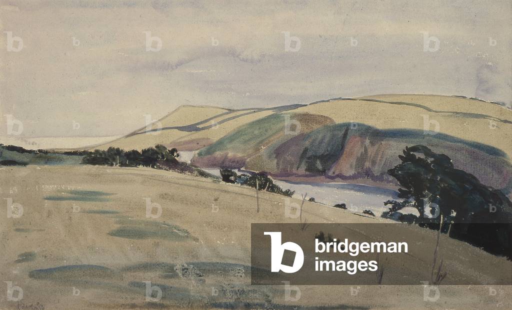 View of a Creek:  a Field bordered by Trees, with Cliffs & a Headland seen across the Water