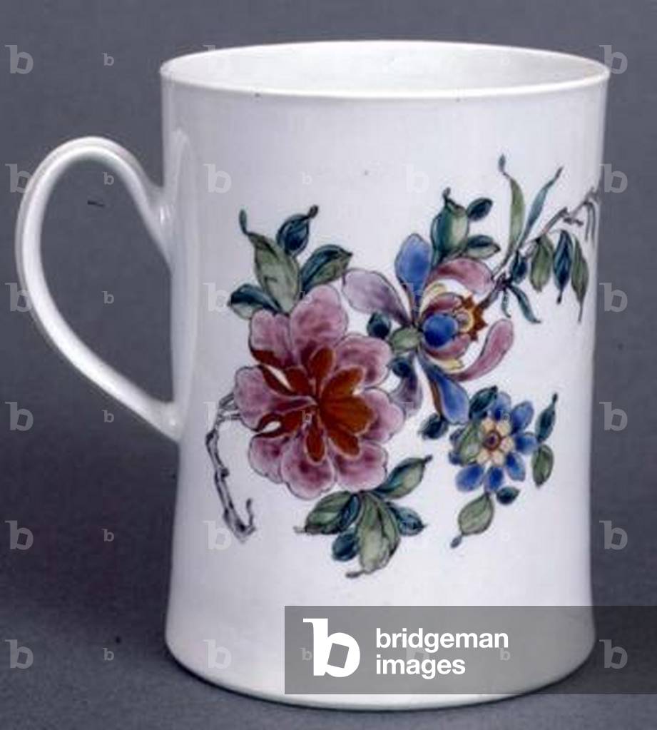 Worcester tankard of cylindrical form decorated with a spray of stylised prunus in famille rose palette, c.1750-55 (ceramic)