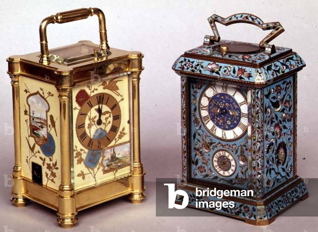 Two French carriage clocks with enamel decoration, c.1870