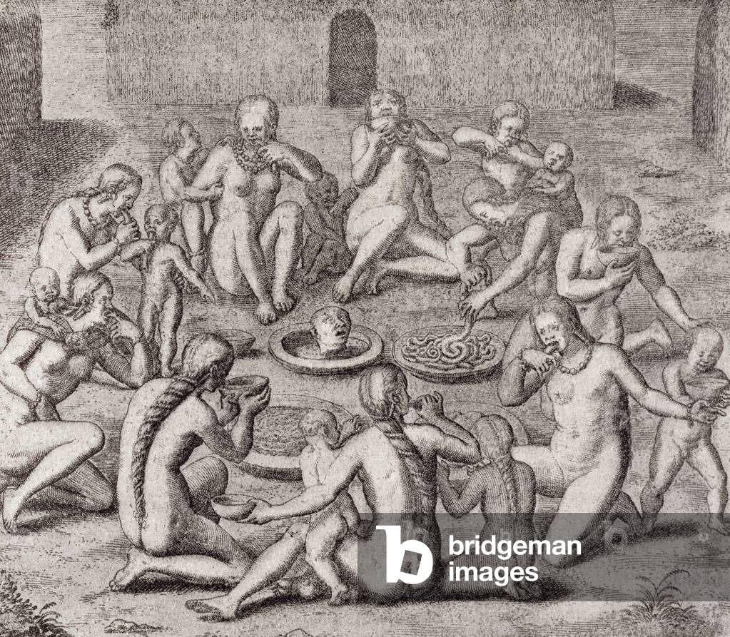 Eating the Flesh of a Prisoner According to the Old Historian, from Gottfried's 'Historia Antipodum', pub. 1655, from 'The Romance of the River' Vol. I, by W. H. Koebel, 1914 (engraving)