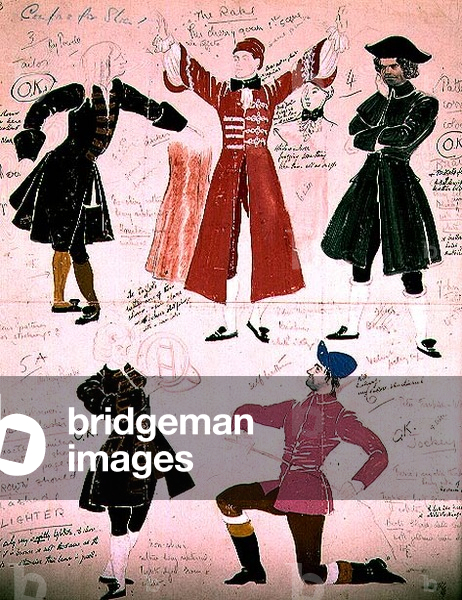 Ballet costume designs: The Rake, The Jockey, The Hornblower, The Tailor (pen & ink and gouache on paper) ink and gouache on paper)