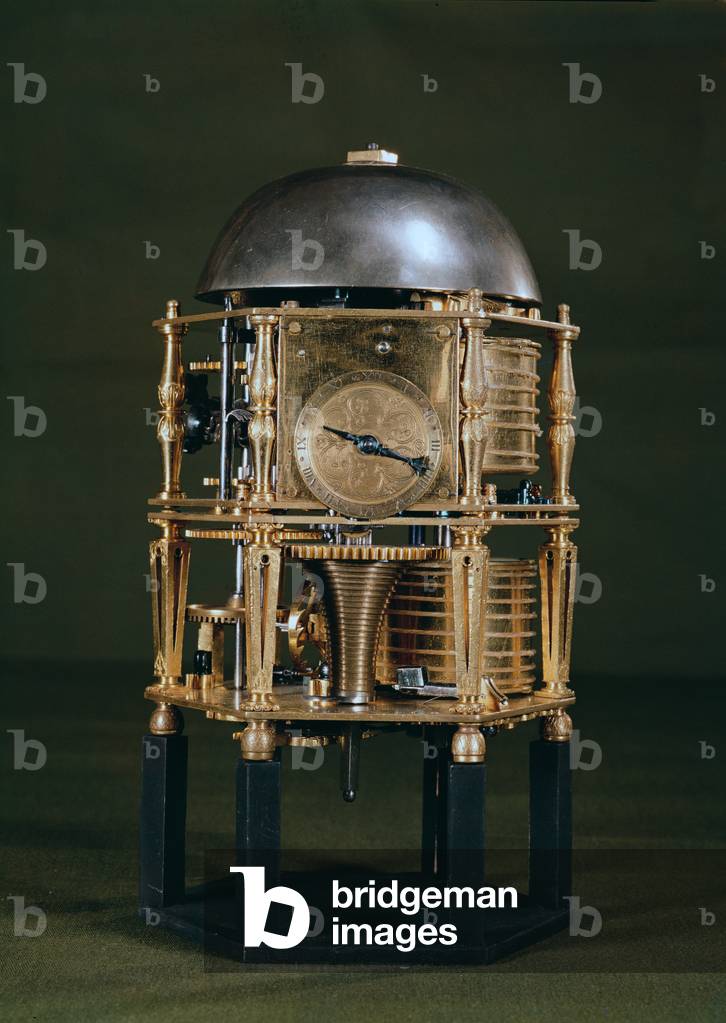Front of a hexagonal table clock movement by Nicolas Lemaindre, 1619 (gilt-metal)