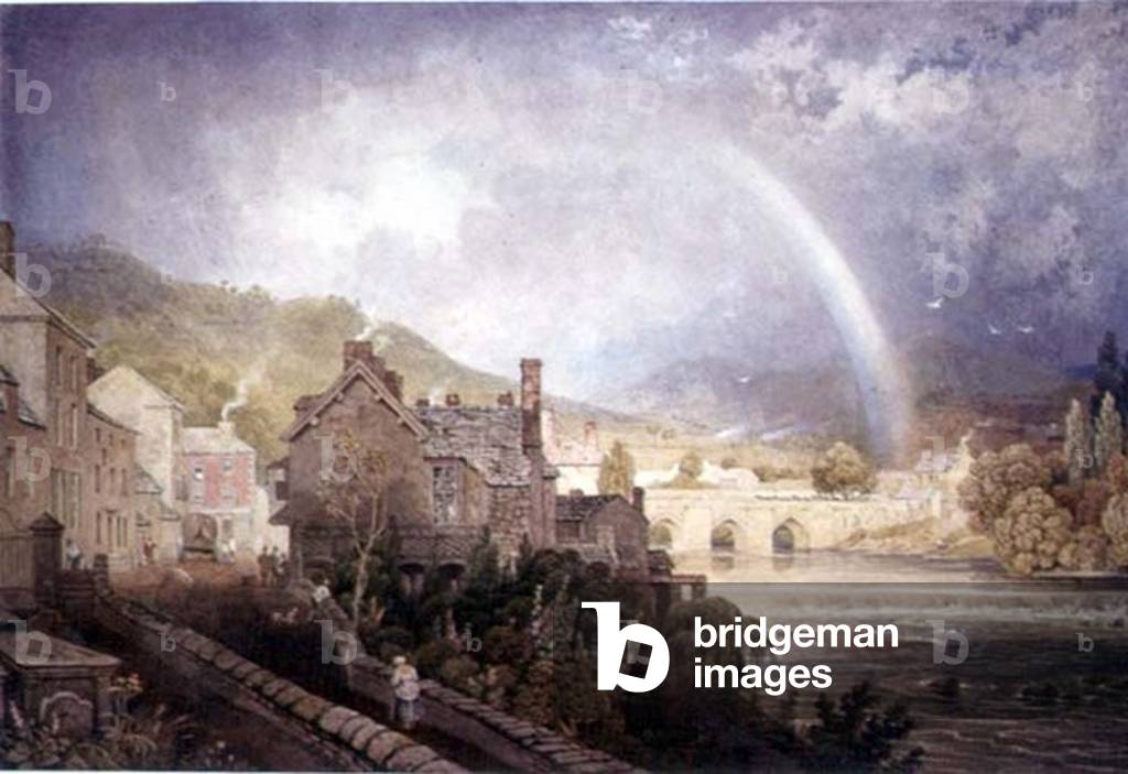 Village and Bridge of Llangollen, North Wales, with Rainbow Effect