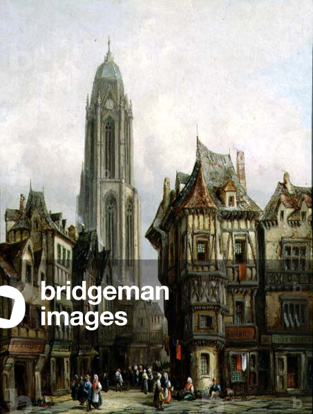 German Street Scene and Church Tower (oil on canvas)