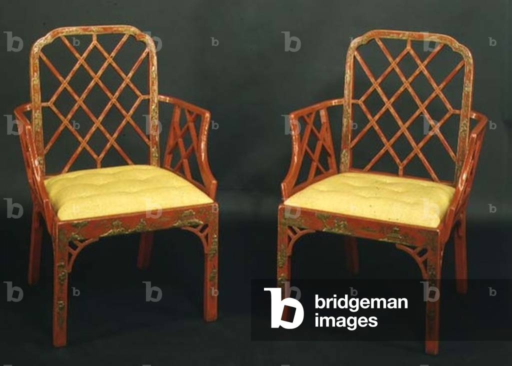 Two Chinese Chippendale armchairs, c.1760 (red lacquer)
