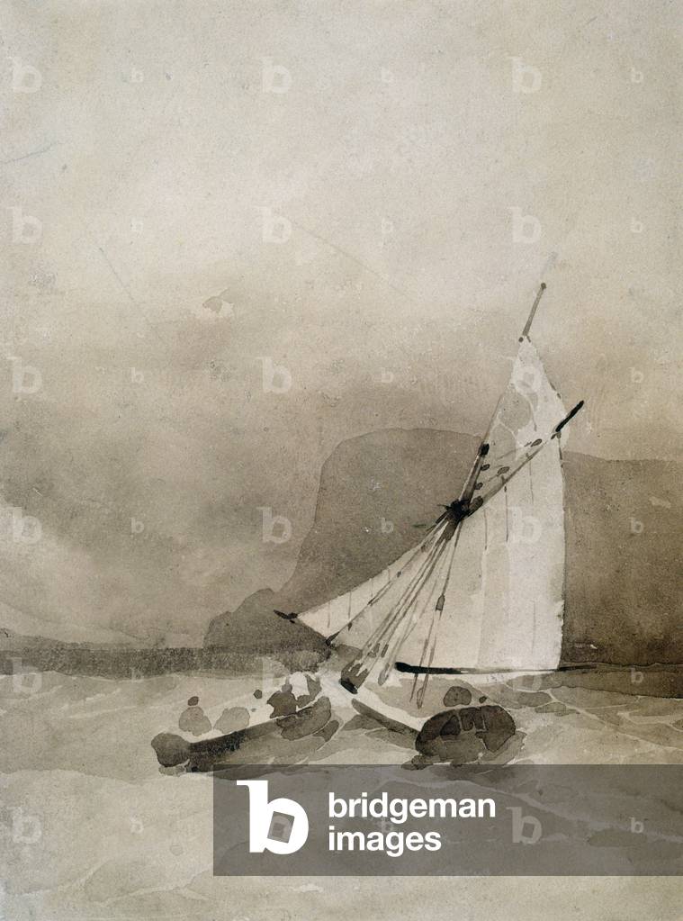 Ein Segelschiff und ein Ruderboot bei rauer See vor Beachy Head, Sussex (w/c auf Papier)