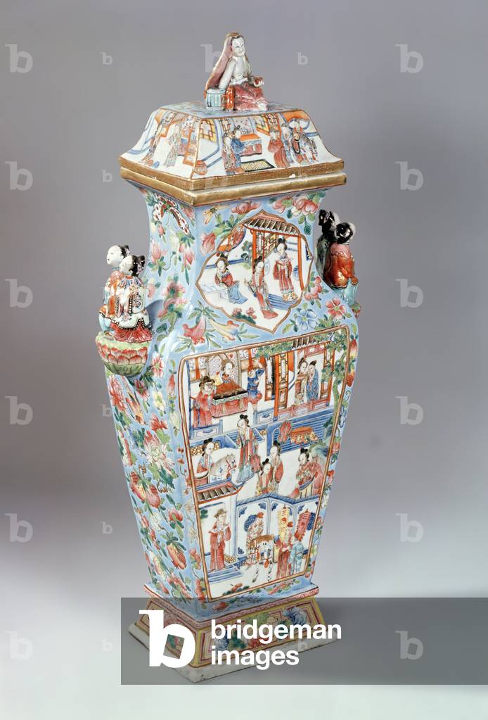 Vase and cover, decorated in famille rose enamels, Chia Ch'ing period (1796-1821) (porcelain)