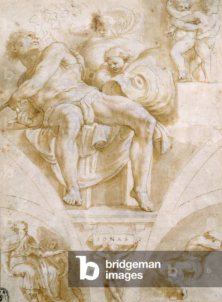 Der Prophet Jona und zwei zerstörte Lünetten (Entwurf für die Sixtinische Kapelle)