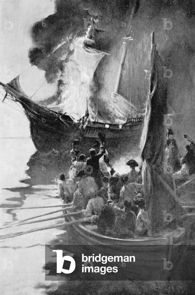 Burning of the 'Gaspee', illustration from 'Colonies and Nation' by Woodrow Wilson, pub. in Harper's Magazine, 1901 (litho)