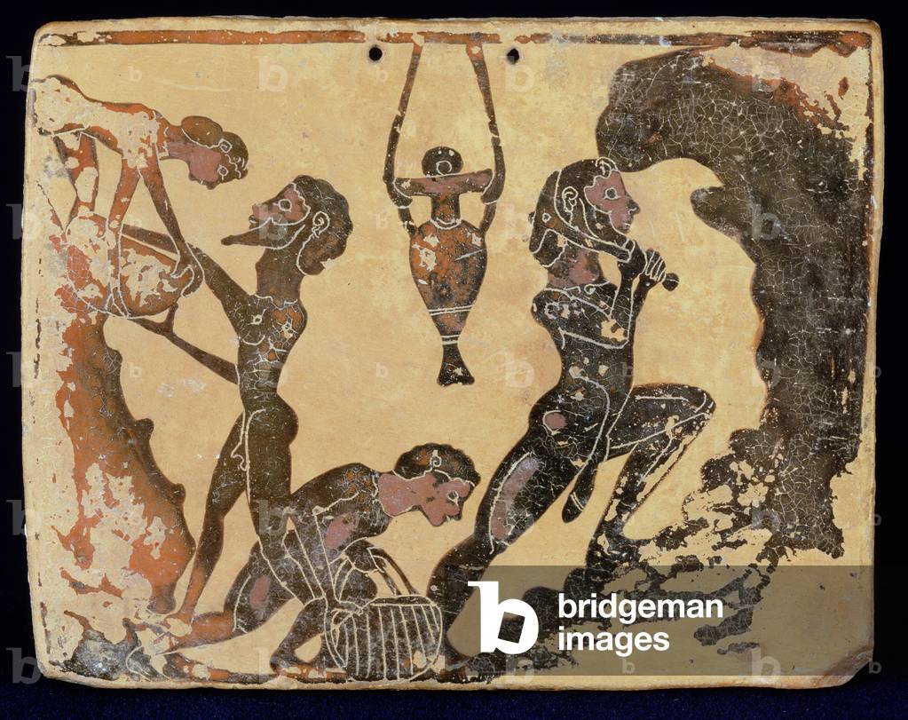 A Corinthian plaque depicting workers in a Clay Pit, from Penteskophia near Corinth, 575-550 BC (clay)