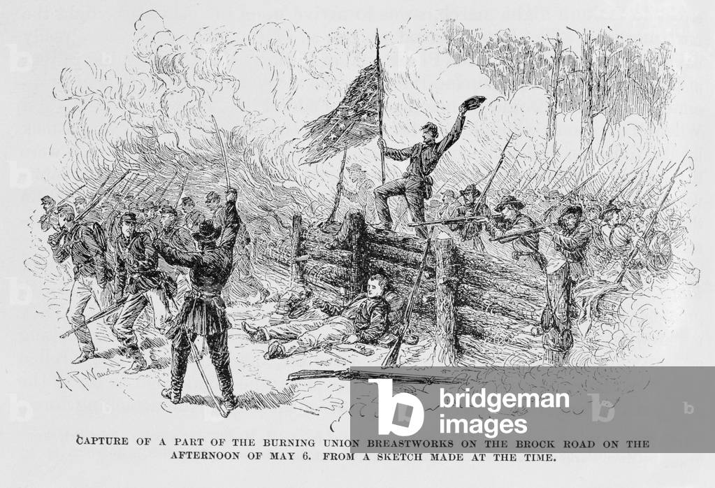 Capture of a part of the burning union breastworks on the Brock Road on the afternoon of May 6th, illustration from 'Battles and Leaders of the Civil War', edited by Robert Underwood Johnson and Clarence Clough Buel (engraving)
