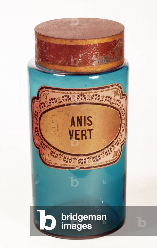 Drug Jar, with label for Anis Vert, c.1860 (blue glass)