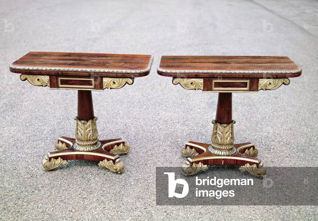 Pair of Regency card tables on quadruple bases, c.1810 (rosewood and gilt)
