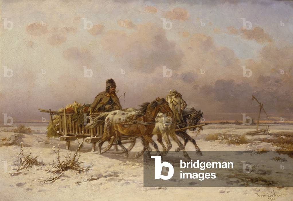 A peasant in a sledge driving three horses