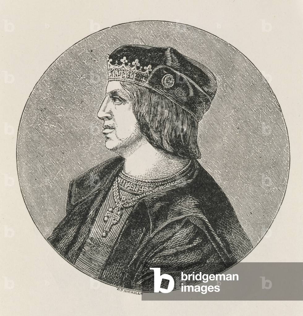 King Ferdinand of Aragon (1479-1516), engraved from a medalllion (engraving)