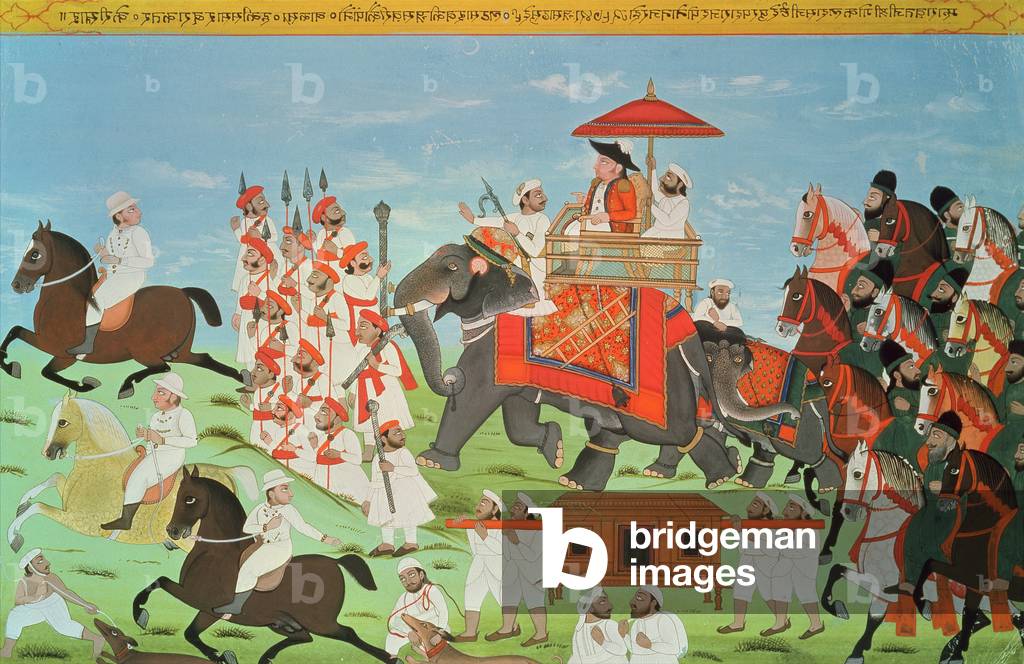 Colonel James Tod travelling by elephant through Rajasthan with his Cavalry and Sepoys (gouache) (see also 82777)