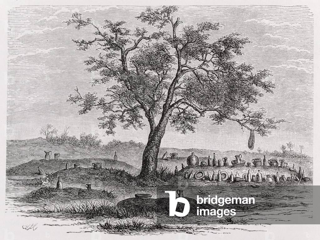 Cemetery and sacred tree in Mbinda, from 'The History of Mankind', Vol.1, by Prof, Friedrich Ratzel, 1896 (engraving)
